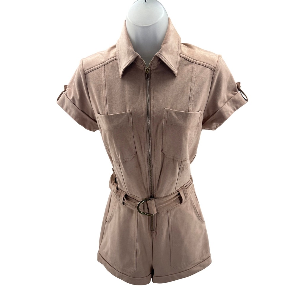 Guess Los Angeles Blush Pink Faux Suede Belted Zip Front Romper XSmall